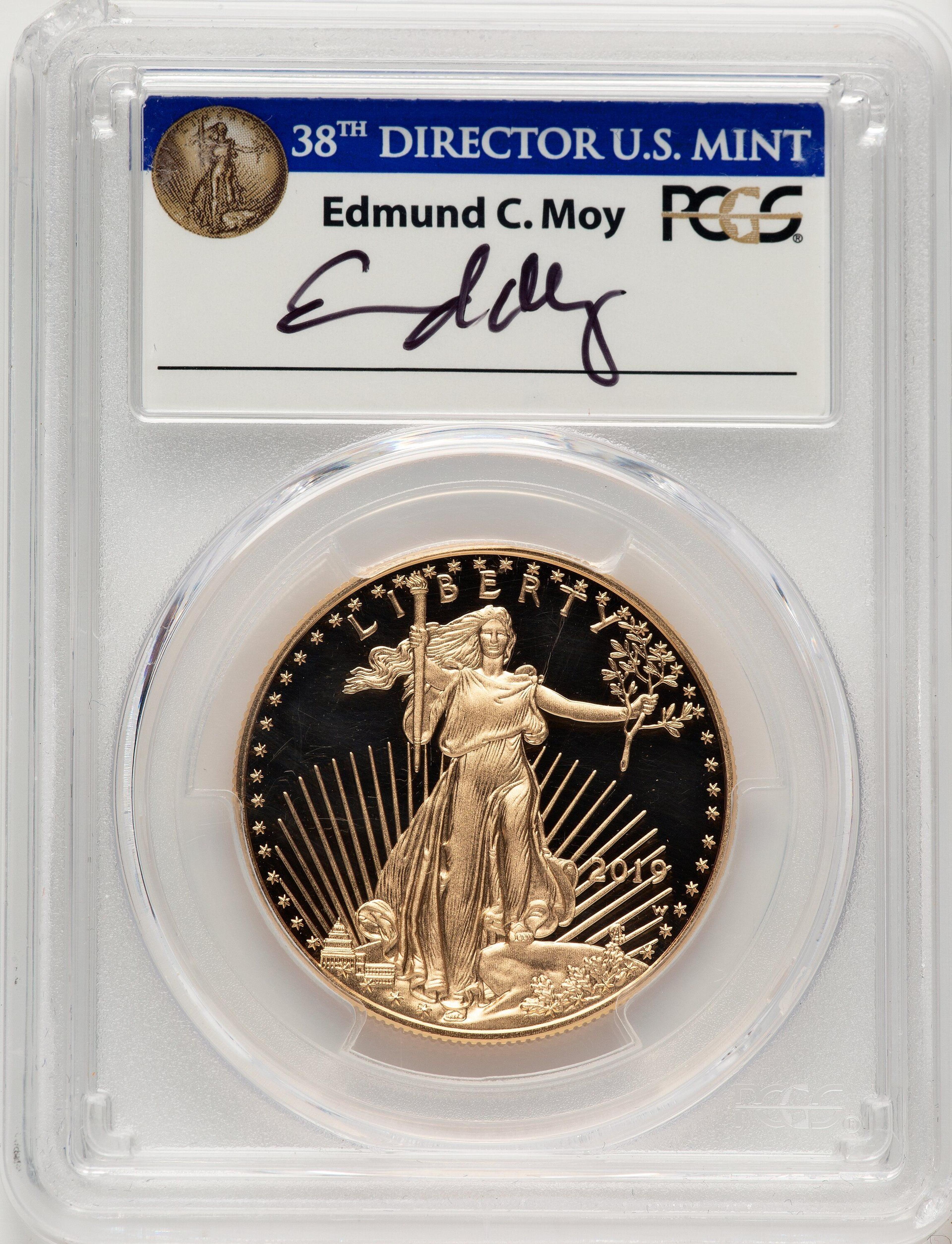2019-W $50 One-Ounce Gold Eagle, First Day of Issue, Moy Signature, PR, DC FDI Ed Moy