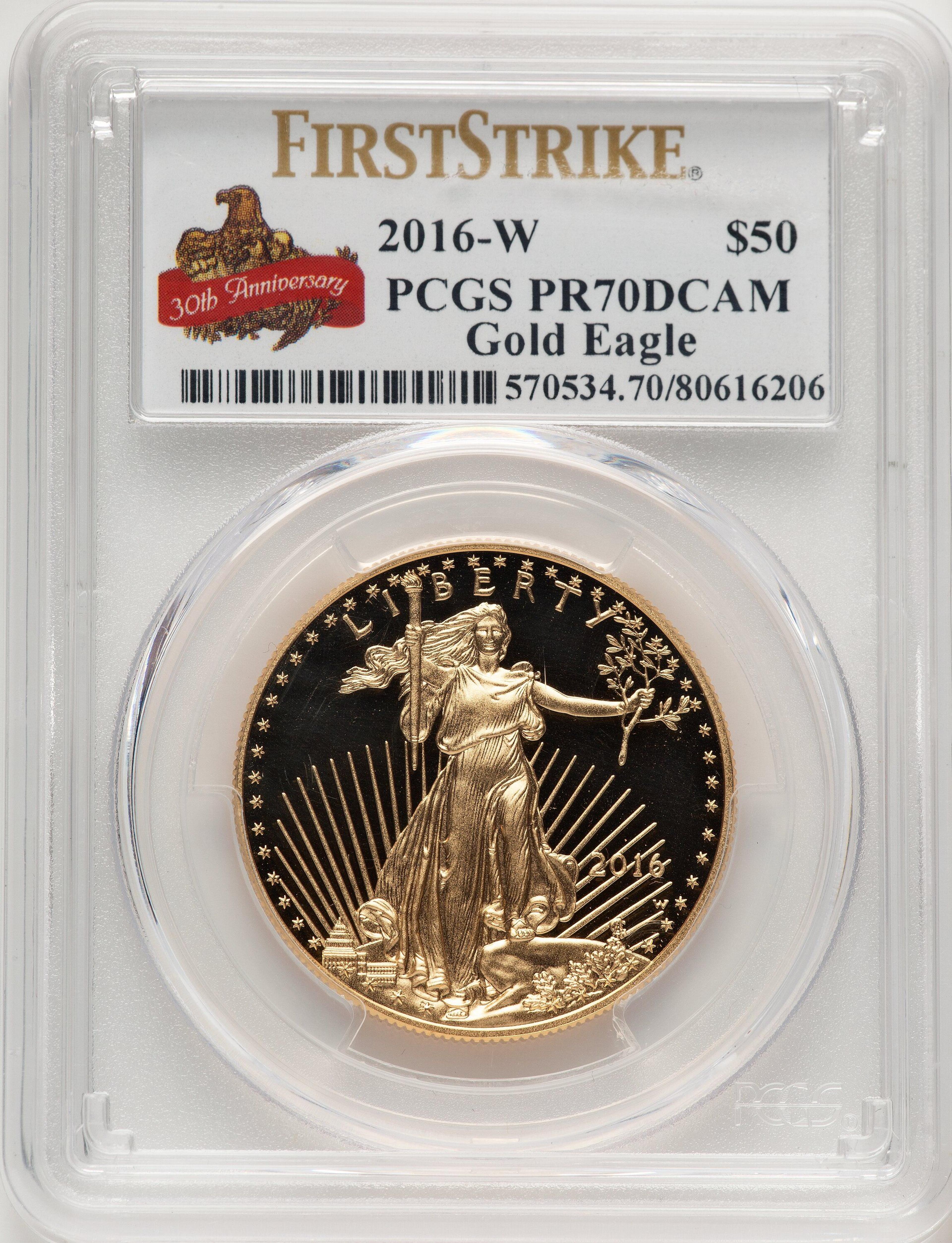 2016-W $50 One-Ounce Gold Eagle, 30th Anniversary, First Strike, PR, DC Non Designation